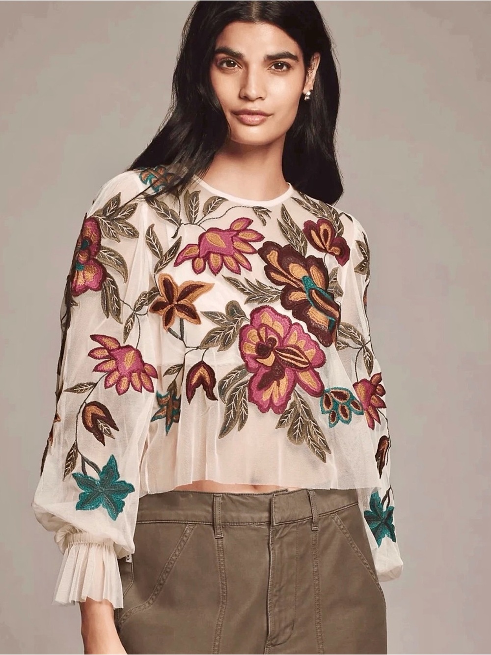 Embroidered Sheer Floral Blouse Anthropologie Lily sz M